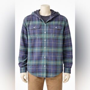 LL Bean Shacket Mens Medium Blue Plaid Fleece Lined Flannel Shirt Hooded Tartan